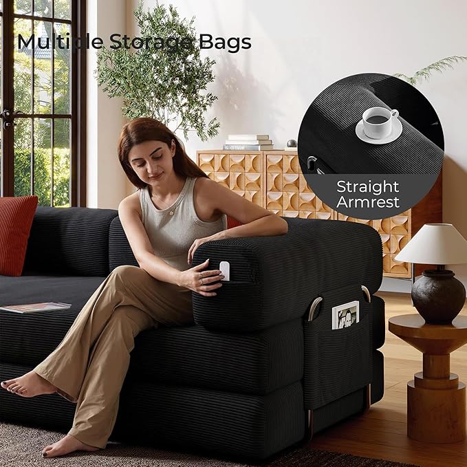 5-in-1 Folding Convertible Sofa Bed Loveseat Sleeper with Pull-Out Bed Floor Sofa Modular Futon Couch 79 Oversized Corduroy Upholstered Boneless Couch for Living Room Bedroom Lounge Grey-A
