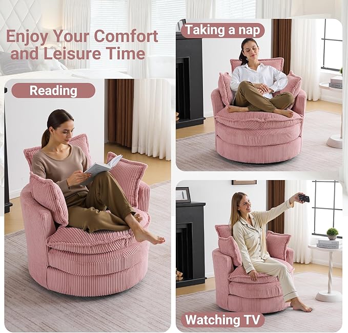 Karl home Swivel Barrel Chair-Corduroy360 Degree Modern Lounge Armchair ChairComfy Round Accent Single Sofa Chair with 3 Pillows for Living RoomBedroomLoungeHotelPink