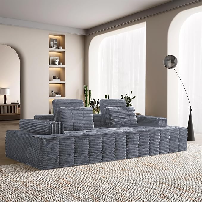 Modular Sectional Sofa with Movable Handrails Straight-Row Boneless Sofa Sectional Couch for Living Room Deep Seat Memory Foam Faux Rabbit Fur Fabric Sofa No Assembly Required(Grey)