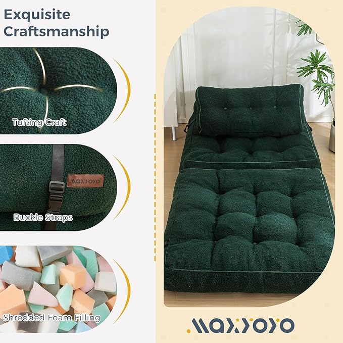 MAXYOYO Folding Sofa Bed Convertible Sleeper Chair with Pillow Portable Fold Out Sofa Couch Boucle Fabric Comfy Foldable Mattress with Back Support for Living Room Apartment