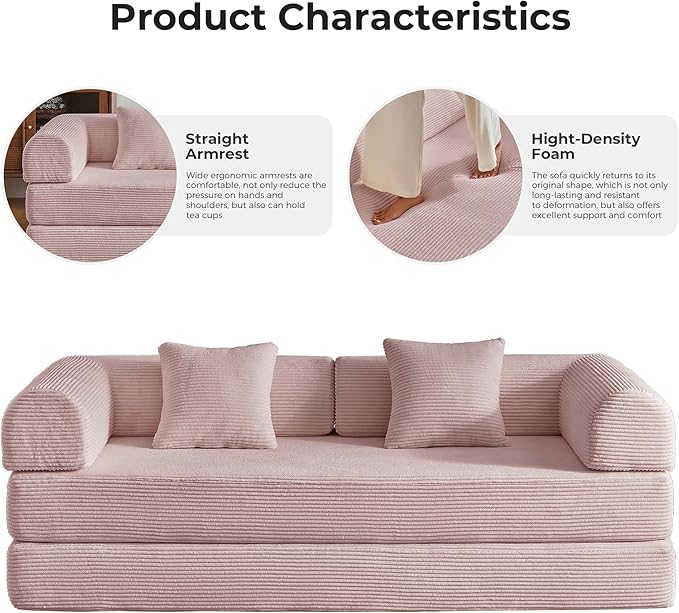 5-in-1 Convertible Lounger Sofa Bed | 79 High-Support Foam Modular Design No Tools Needed | Corduroy Fabric Converts to Bed Perfect for Bedroom &amp Reading Nook (Pink)