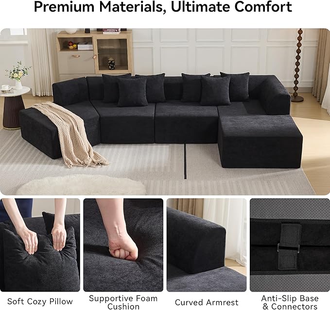 140''Oversized Cloud Velvet Curved Sectional Couch Boneless Couch with L-Shape Chaise Upholstered Compression Memory Foam Modular Sectional Sofa for Living Room No Assembly Required Black