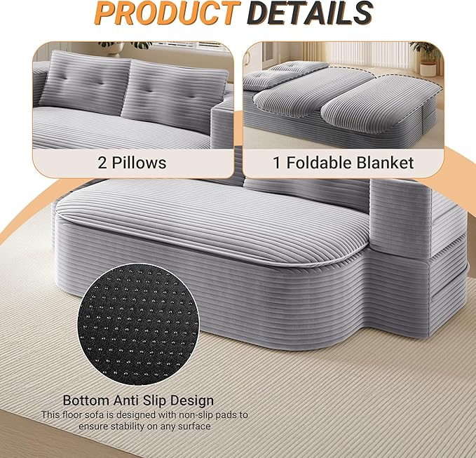 78.7'' Convertible Sleeper Sofa Corduroy Floor Foam Compression Loveseat Sofa Bed Couch Modern Folding Futon Couch Foldable Full Size Guest Bed with 2 Pillows and Blanket for Living Room (Gray)