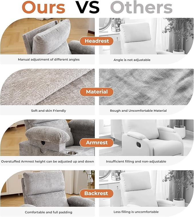 Power Recliner with Adjustable Armrests Rocking Chair Nursery with Massage and Heat Electric Glider Recliner Nursing Chair for Breastfeeding Swivel Rocker Recliner Chenille Light Grey
