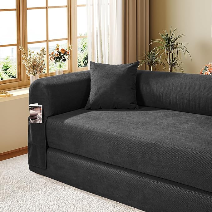 Convertible Futon Sofa Bed80 Folding Pull Out Couch Bed with Pillows &amp StorageQueen Sleeper Sofa BedCompressed Couch in a BoxCorduroy Boneless Couches for Living RoomDeep Gray