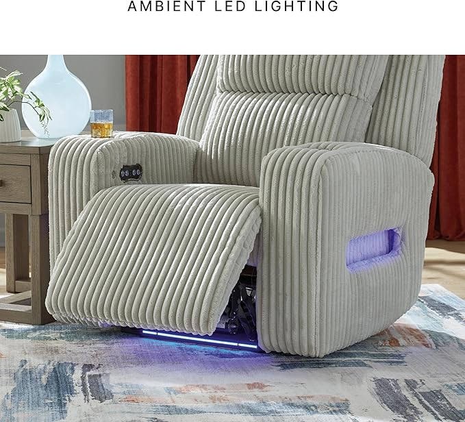 Signature Design by Ashley Broad Cove Casual LED Power Recliner with Adjustable Headrest Storage and USB Ports Light Gray