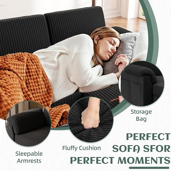 Vongrasig Convertible Sectional Couches 3 Seat L Shaped Couch Sofa with Removable Pillows Soft Corduroy Fabric Small Couch Mid Century for Living Room Apartment and Office Black