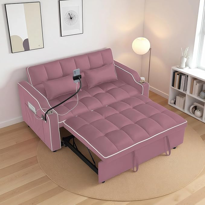 Loveseat Pull Out Couch 3 in 1 Convertible Sofa Bed Adjustable Backrest with Phone Holder Side Pocket &amp USB Port Modern Sofa for Living Room Bedroom Apartment (Pink)