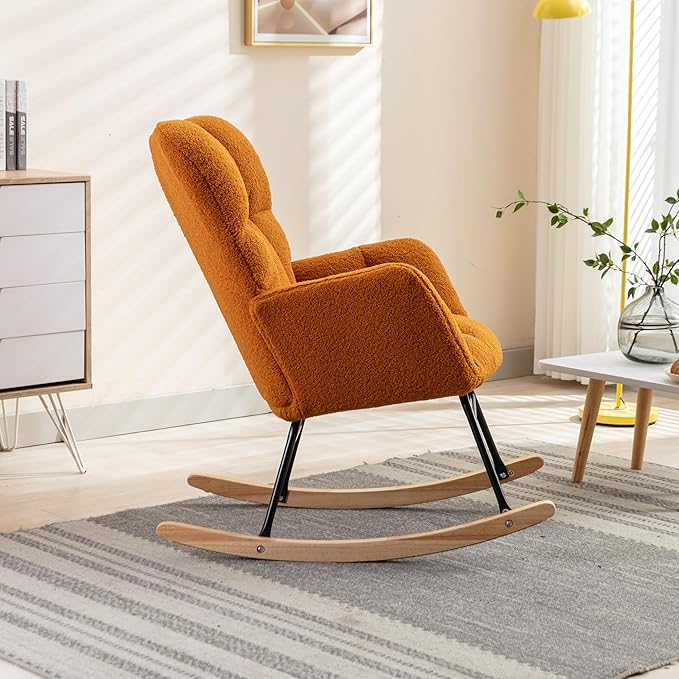 Setawix Teddy Fabric Rocking Accent ChairMid Century Modern Rocking Glider ArmchairLeisure Tufted Rocker Arm Chair for NurseryBedroomLiving Room (Teddy Caramel 27.6)