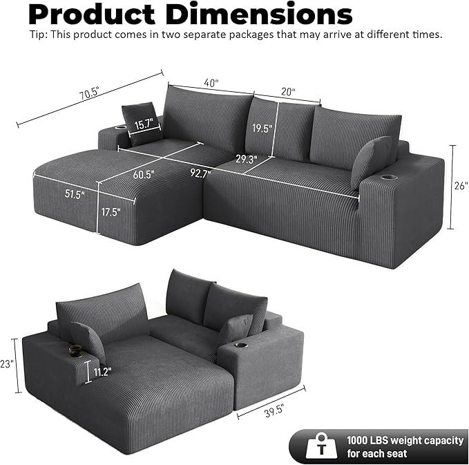 113 Modular Sectional Sofa Cloud Couch Modern Deep Seat Fluffy Corduroy Boneless Couch with Cup Holder Comfy L Shaped Sectional Couches for Living Room Bedroom. (Left Facing Grey)