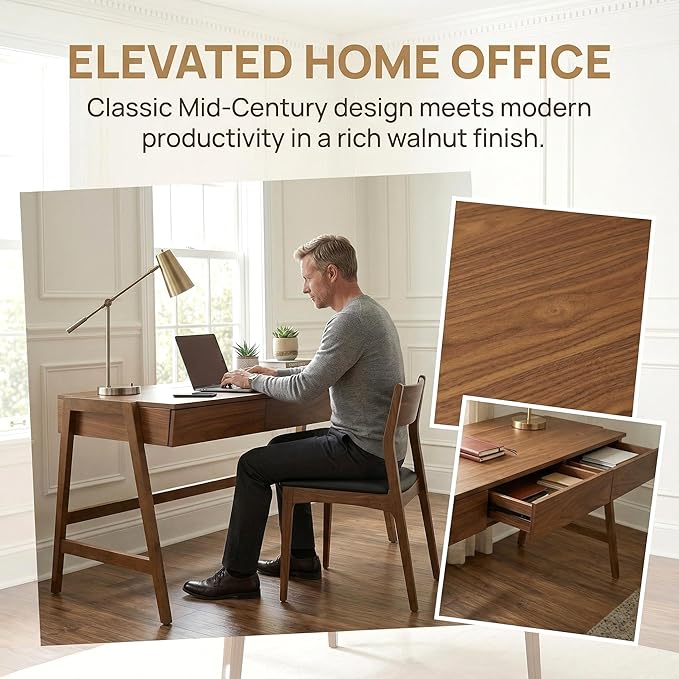 HNY 59 Inches Walnut Wooden Writing Desk with 3 Drawers Computer Study Table with MDF Top Solid Rubberwood Legs and Hidden Cable Management Holes Corner Makeup Vanity Desk for Home Office Bedroom
