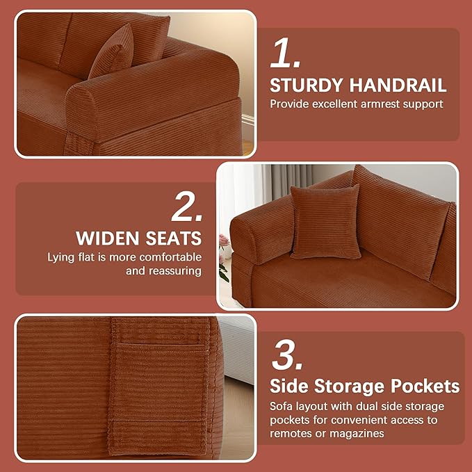 83 Modern Sofa in a Box No Assembly Oversized 3 Seater 28 Deep Seat Cloud Sofa Bed Couch with 4 Furry Pillows &amp Corduroy Fabric Boneless Couch with Side Storage Pockets for Living Room Orange