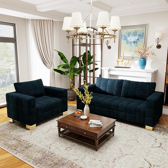 81.89 Sofa Comfy 3 Seat Sofa Tufted Chenille Upholstered Sofa Couch for Living Room with Gold Metal Legs and 2 Throw Pillows (Blue+1.5S)