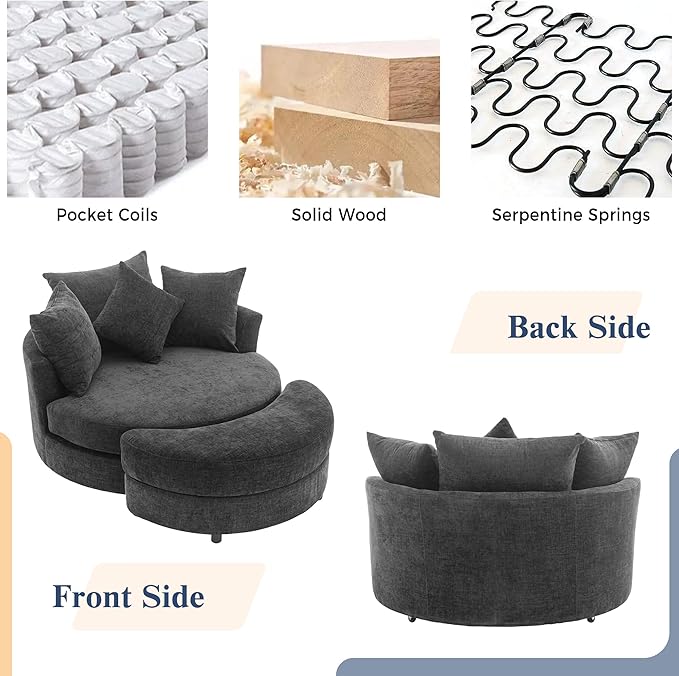 ERYE Oversized Round Accent Barrel Chair with Storage Ottoman and 360 Swivel Base Modern Chenille Upholstered Leisure Recliner Armchair for Living Room Bedroom
