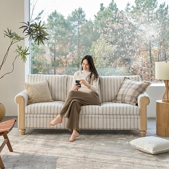 EcoHarbor Living 3-Seater Couch Stripe 81 Mid-Century Modern Upholstered Sofa with Armrests Stripe Couches for Living Room Bedroom Office Apartment