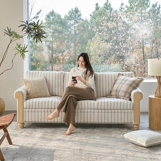 EcoHarbor Living 3-Seater Couch Stripe 81 Mid-Century Modern Upholstered Sofa with Armrests Stripe Couches for Living Room Bedroom Office Apartment