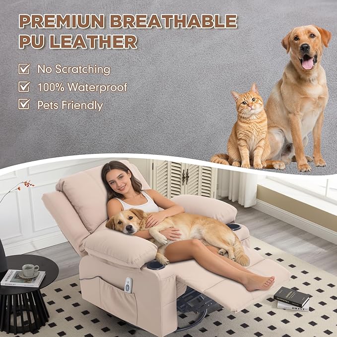 Faux Leather Swivel Rocker Recliner with Heat and Massage Cup Holders Overstuffed Rocking Glider Chair Heated Massaging Reclining Chair Beige
