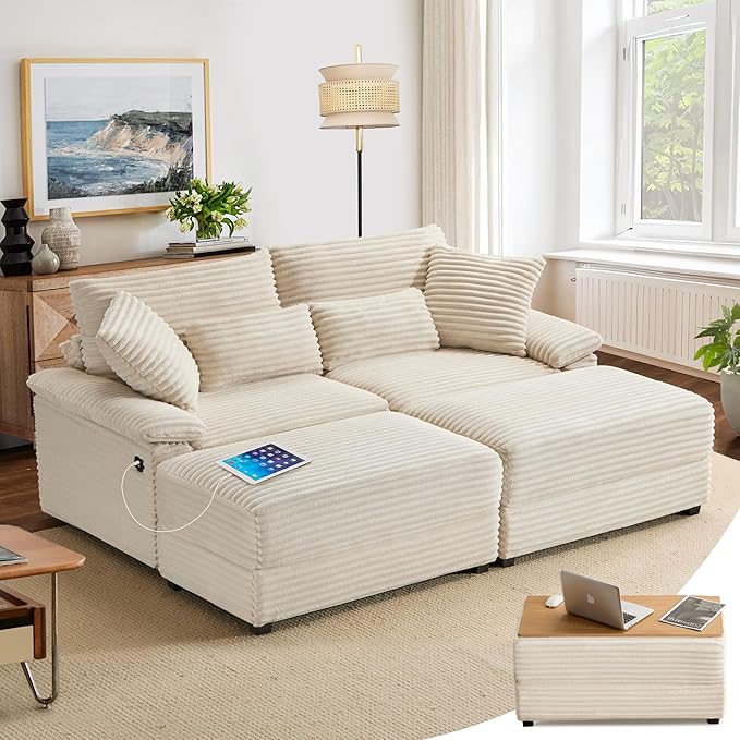 SUNWAVE 74 W Double Chaise Lounge Chair Indoor Oversized Loveseat with Storage Ottoman Corduroy Couch with USB Charging Removable Ottoman and Coffee Table Cushions for Living Room Bedroom