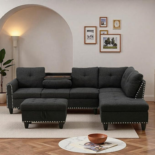 L-Shaped Sectional Sofa with Movable Chaise &amp Storage Ottoman Lounge 3-Piece Modular Convertible Couches for Living Room Apartment &amp Office Black Grey