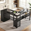 LVB Black L Shaped Desk Reversible Computer Office Desk with Drawers Modern Large L Shape Gaming Desk Table with File Cabinets Wood Executive Corner Desk with Storage Shelf for Bedroom 59 Inch