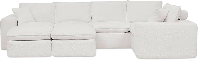 L-Shaped Boneless Modular Sectional Cloud Couches 7 Seat Modular Boucle Floor Foam Boneless Sofa Couch with Ottomans Headrest Pillows and Removable Cushions