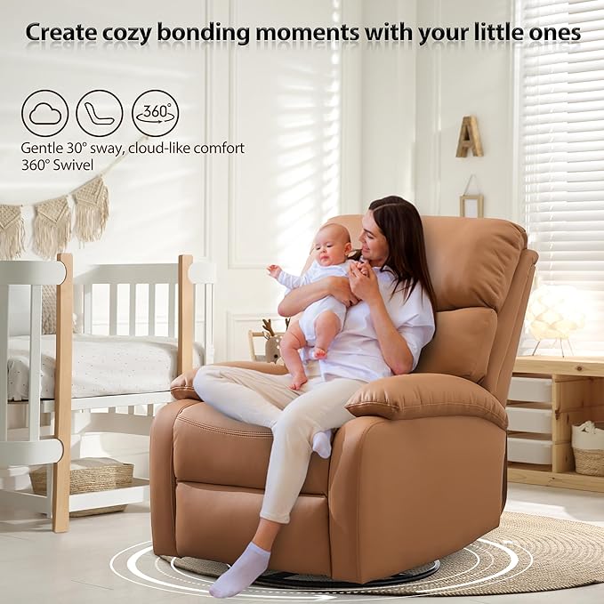 Genuine Leather Swivel Recliner Rocking Reclining Chair for Heavy Duty Adults 350LBS Manual Swivel Rocker Recliner Chair for Living Room Bedroom RV Nursery Khaki Brown