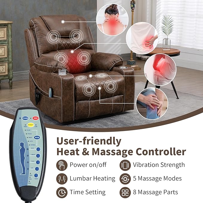 Large Power Lift Recliner Chair with Massage and Heat for Elderly Big and Tall People Dual Motor 180° Lay Flat Overstuffed Wide Leather Recliners with 2 Cup Holders Side Pocket