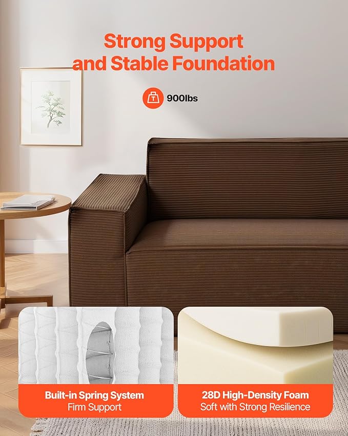 VEVOR 3-Seater Sofa in a Box 83-Inch No Assembly Corduroy Couch with Memory Foam Deep Seats for Living Room Apartment or Office Brown
