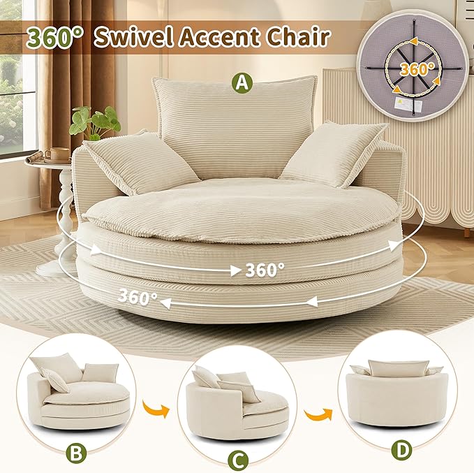 360° Swivel Accent Chair 57.5 Round Barrel Chair with Dual-Layer Cushion &amp 3 Removable Pillows for Living Room Bedroom Office Hotel Beige
