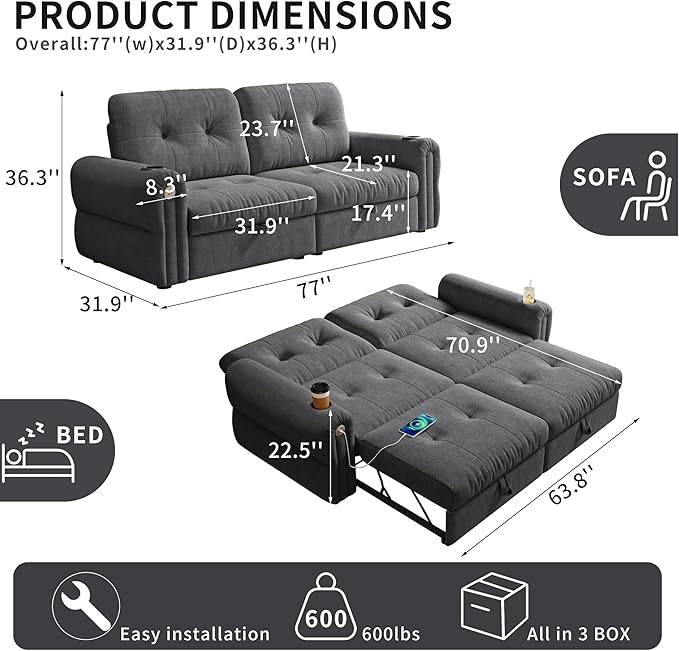 77 Pull Out Sofa Bed Velvet Convertible Sleeper Couch Loveseat Chaise Lounge with Cup Holder and USB Pullout Futon Sofa Bed for Living Room Bedroom Small Spaces RV (Dark Grey)