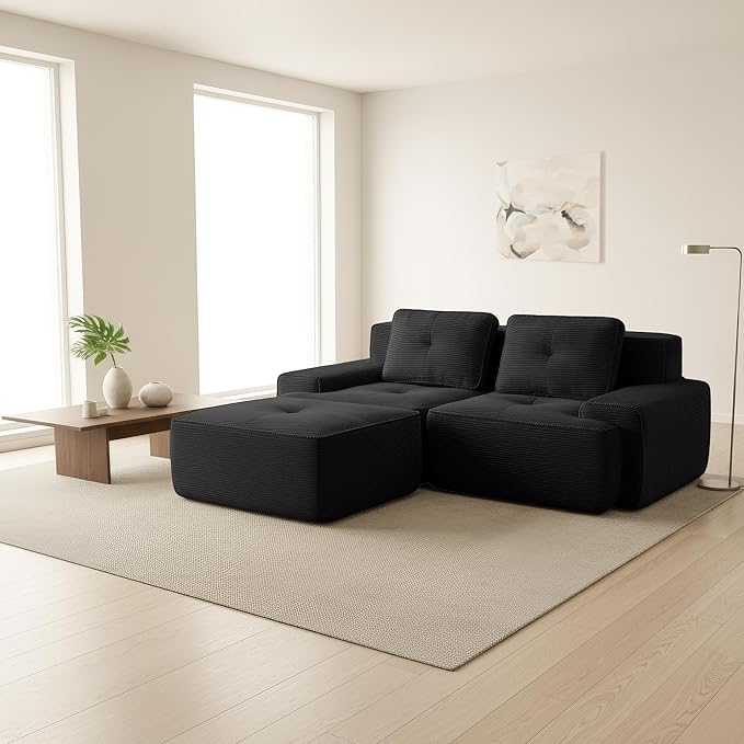 Casaphoria 80 Black Corduroy Cloud Couch Boneless Modular Sectional Sofa for Living Room with Deep 2-Seat &amp 1-Ottoman L Shape Cloud Couch No Assembly Required