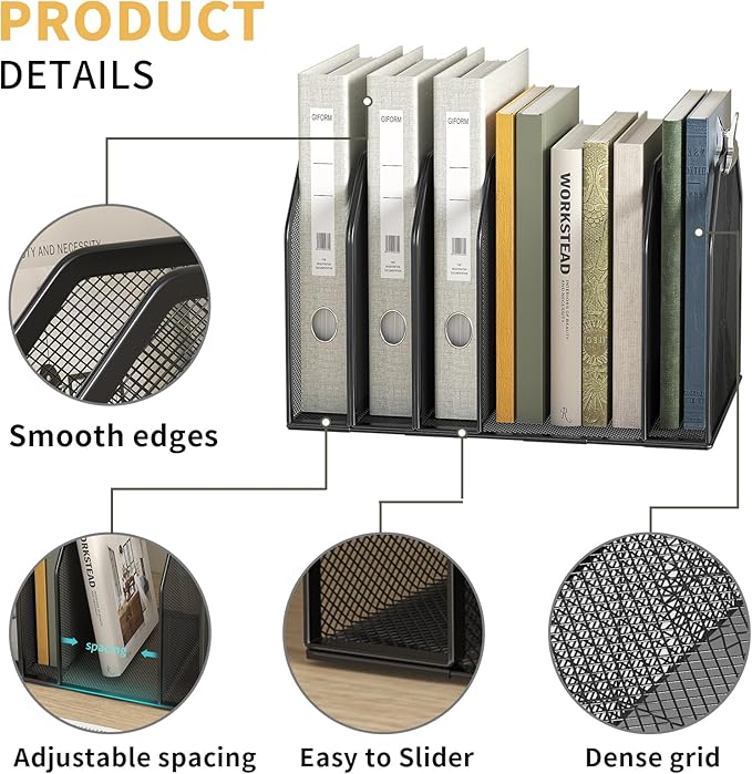 Metal 7-Section File Folder Organizer for Desk | Vertical Office File Holder | Heavy-Duty Mesh Document Sorter for Books Binders Laptops | Black Desk Organizer (12.8”x8.5”x7.9”)