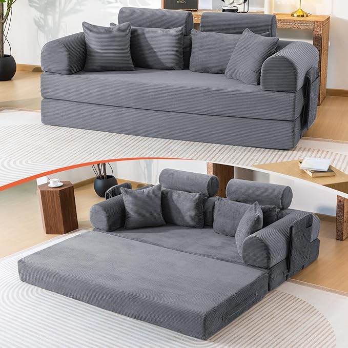 79 Corduroy Sofa Bed Sleeper Couch 6-in-1 Convertible Boneless Floor Futon Loveseat High-Density Foam Couch in a Box with 2 Headrest Pillows No Assembly Dark Grey