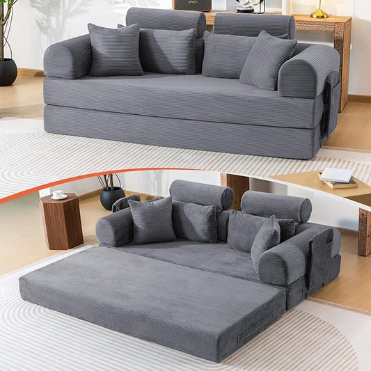 79 Corduroy Sofa Bed Sleeper Couch 6-in-1 Convertible Boneless Floor Futon Loveseat High-Density Foam Couch in a Box with 2 Headrest Pillows No Assembly Dark Grey