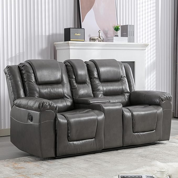 Leather Reclining Sofa SetHome Theater Seating with Center Console Storage Cup Holders 2 Seater for Living RoomOfficeHome TheaterRV. Loveseat(Grey)