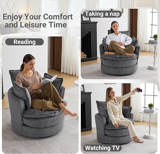 Karl home Swivel Barrel Chair-Corduroy360 Degree Modern Lounge Armchair ChairComfy Round Accent Single Sofa Chair with 3 Pillows for Living RoomBedroomLoungeHotelGrey
