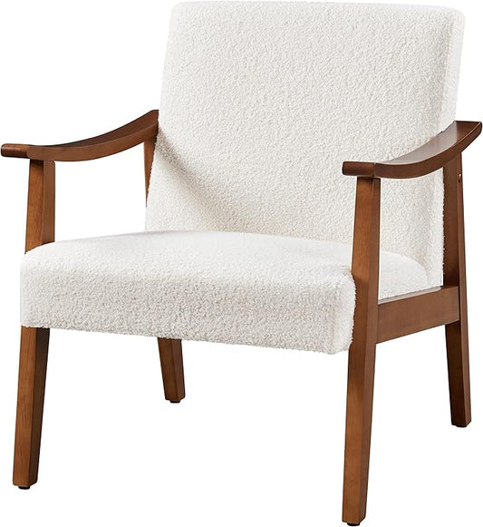Topeakmart Living Room Accent Chair Mid Century Leisure Chair with Wooden Frame Modern Barrel Chair for Living Room Bedroom Ivory
