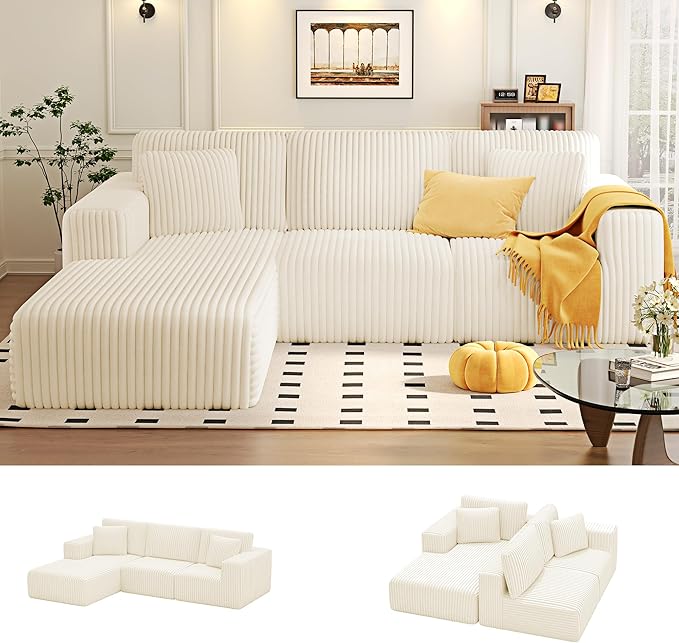 KINGYES 107'' Modular Sectional Sofa L Shaped Cloud Couch for Living Room Modern Plush Corduroy Boneless Sofa with Chaise for Bedroom Beige