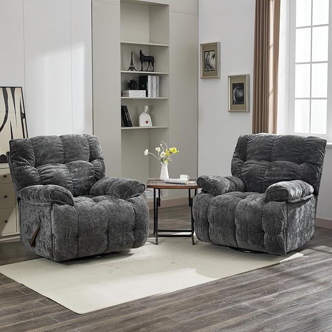 Oversized Rocker Recliner Chair for AdultsOverstuffed 360° Swivel Rocking Recliner Extra Wide Breathable Fabric Manual Reclining Single Sofa for Living Room (Gray)