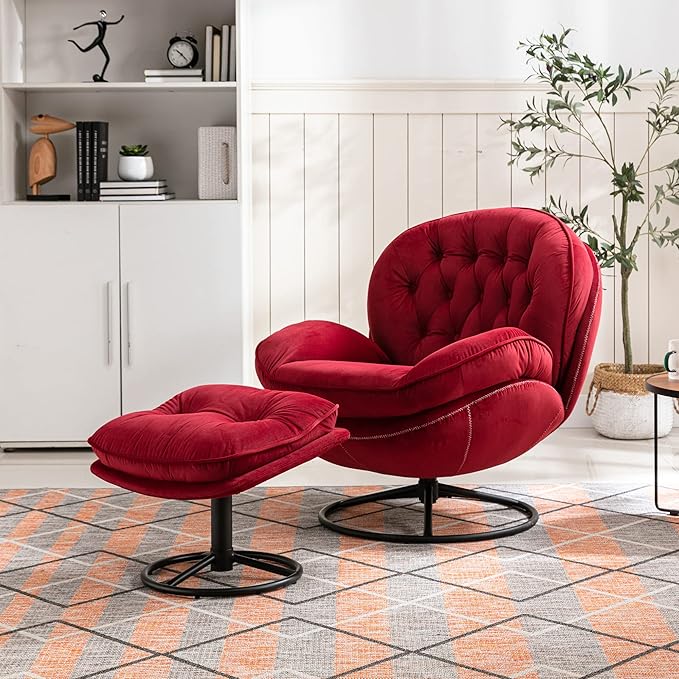 Accent Chair TV Chair Living Room Chair with Ottoman Dark RED