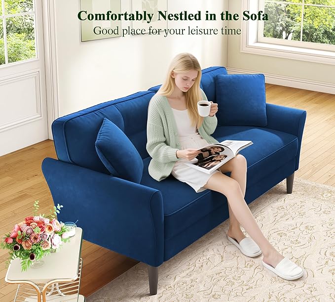 Loveseat Sofa 69 Love Seat Couches Comfy Velvet Small Sofa Couch for Bedroom with 2 Pillows Tool-Free Setup Sofas &amp Couches 700lb Load Sofas for Living Room Mini Couch for Bedroom Blue Couc