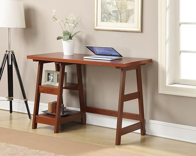 Convenience Concepts Designs2Go Trestle Desk 47 - Modern Desk or Vanity with Shelves for Office Dorm Living Room Cherry