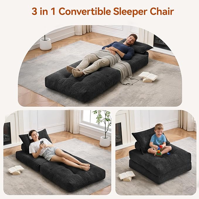 Folding Sofa Bed Fold Out Chair Bed with Pillow Convertible Sleeper Chair for Living Room/Small Spaces Foldable Lazy Sofa Bed Floor Chair Comfy Teddy Velvet Couch Bed Black