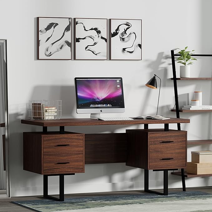 60'' Mariposa Home Office Computer Desk - Walnut Top Walnut Base Black Metal Black Hardware