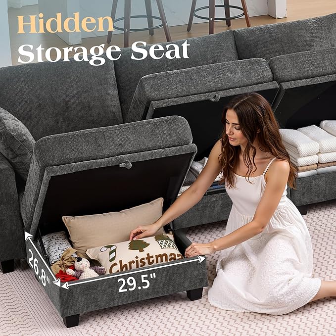 TUNYI 130 Sectional Couch with Storage Oversized Chenille Modular Sectional Sofa for Living Room Convertible Deep Seat Sofa Couches with Ottoman Armrest Pillow (Grey)