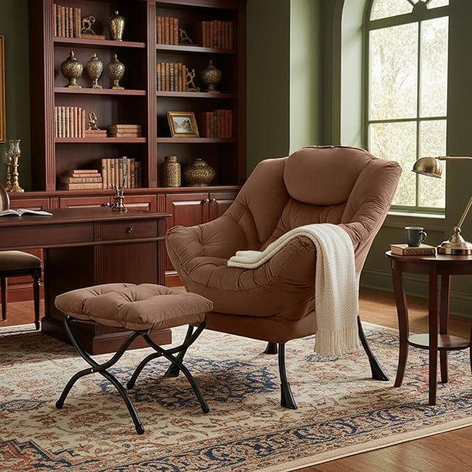 Tiita Lazy Chair with Ottoman Brown Modern Large Accent Chair Comfy Leisure Sofa Armchair with Ottoman Reading Chair with Footrest for Bedroom Living Room Dorm Rooms Brown