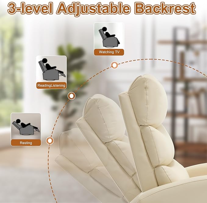 Manual Swivel Rocker Recliner Chair for Adults Overstuffed Reclining Glider Chair for Nursing with Vibration Massage &amp Heat Living Room Rocking Recliner 3-Stage backrest Faux Leather Light Yell