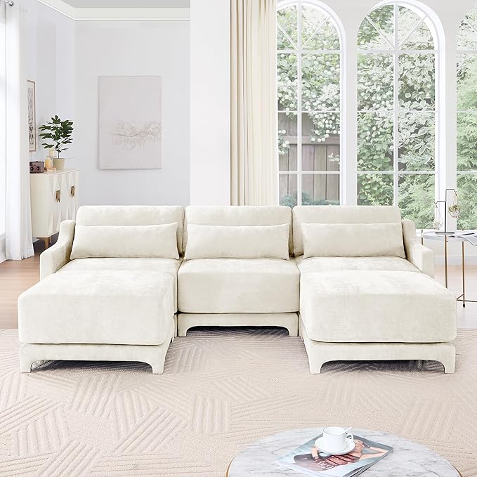 Ball &amp Cast 105.9” Modular Sectional Sofa Comfy Cloud Couch with Lumbar Pillows and OttomanDeep Seat Chenille U Shaped Modular Sofa Sectional Couches for Living Room Bedroom and Apartment Bei