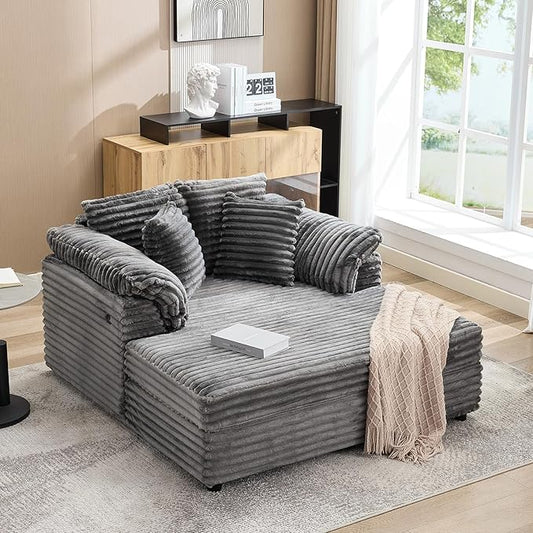 Oversized Chaise Lounge Chair59 * 54 Inch Indoor Comfy Corduroy Cloud Sleeper Couch Upholstered Sofa Bed with USB Port Throw Pillows Supportive Armrests for Living Room