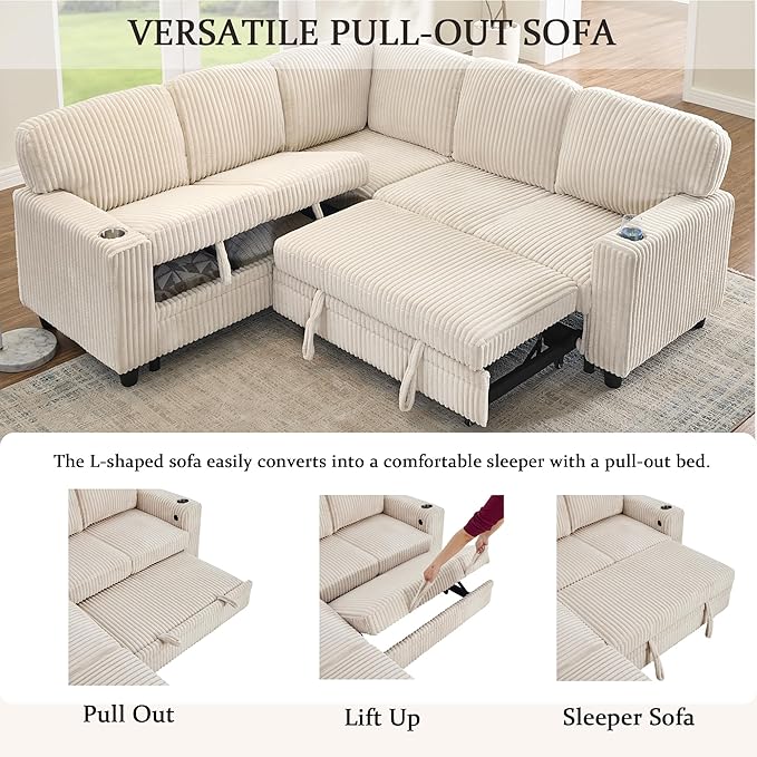 L-Shaped Sectional Sleeper Sofa with Pull Out Bed with Storage 5-Seat Sleeper Couch with USB Charging Convertible Design for Living Room Apartment Corduroy Fabric (Beige)